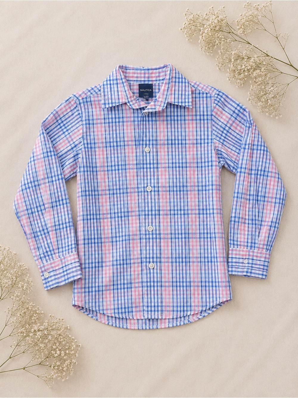 Nautica Boys Blue and Pink Plaid Collared Shirt